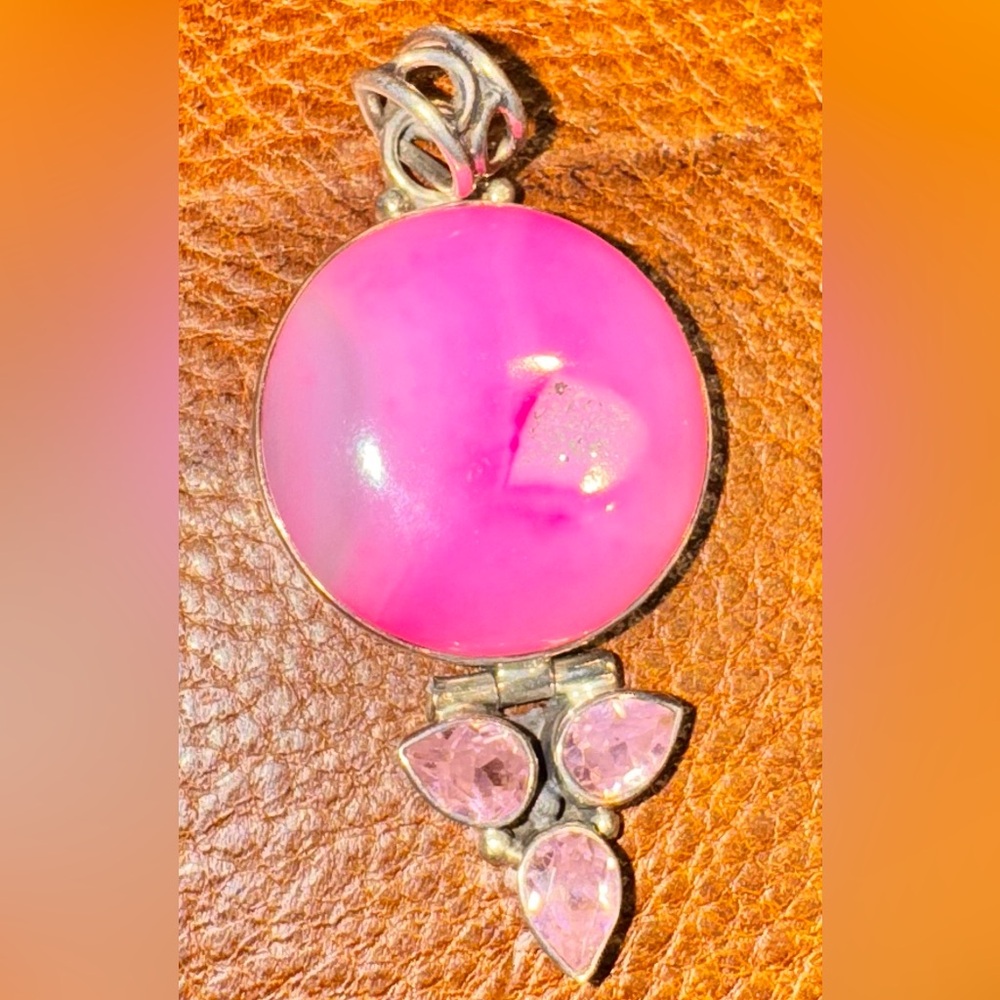 π Vintage Sterling Silver Pink Druzy Agate & Rose Quartz Pendant - Picture 8 of 12